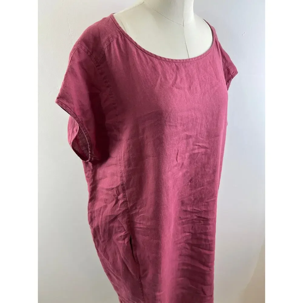 Eileen Fisher Red Scoop Neck Batwing Sleeve Women's Organic Linen Shift Dress L
